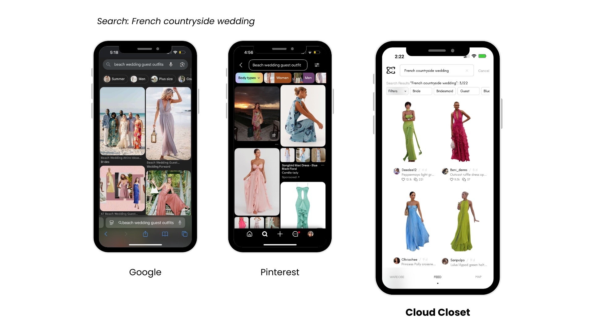 A visual comparison between Google, Pinterest, and Cloud Closet for a French countryside wedding outfit search.